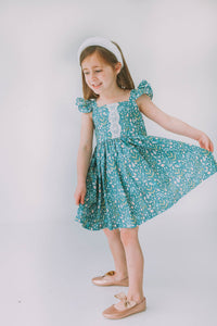 Little Girl's Sage Green Floral Flutter Sleeve Twirl Dress