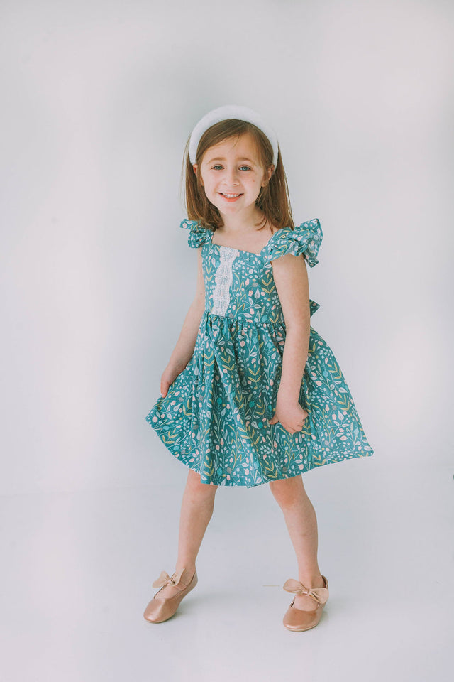 Little Girl's Sage Green Floral Flutter Sleeve Twirl Dress