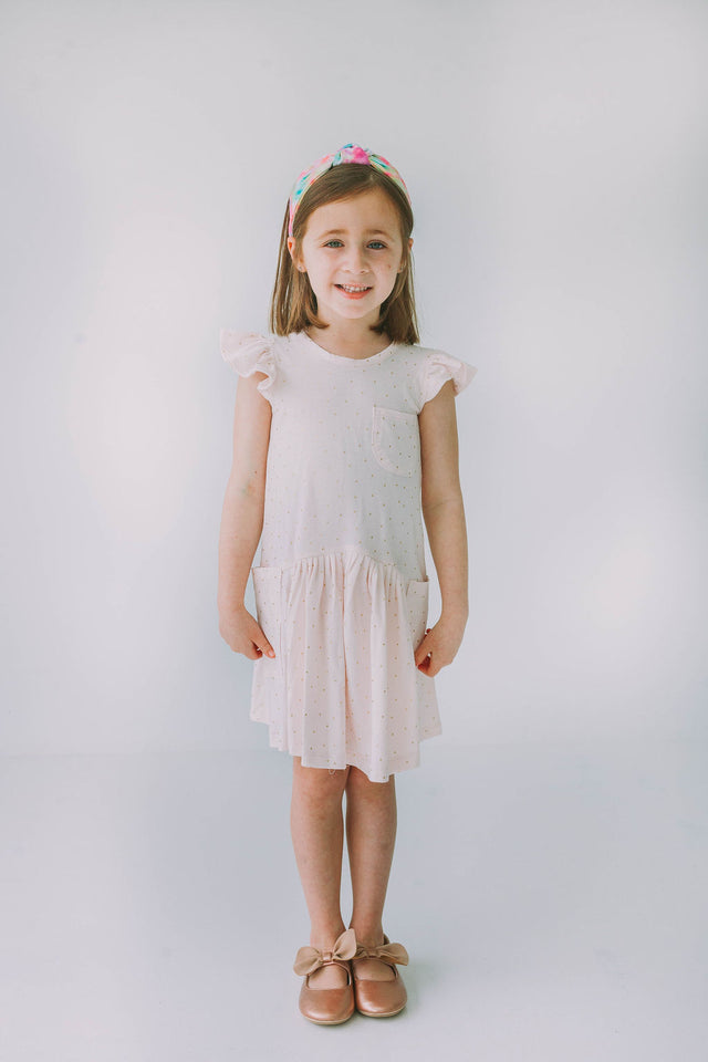 Little Girl's Pink and Gold Three Pocket Jersey Dress