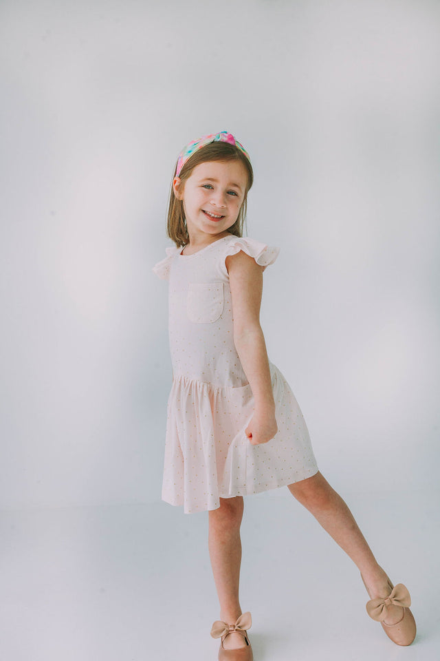 Little Girl's Pink and Gold Three Pocket Jersey Dress