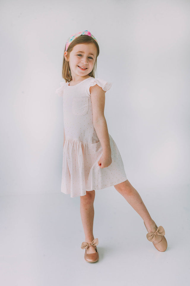 Little Girl's Pink and Gold Three Pocket Jersey Dress