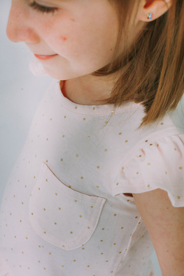 Little Girl's Pink and Gold Three Pocket Jersey Dress
