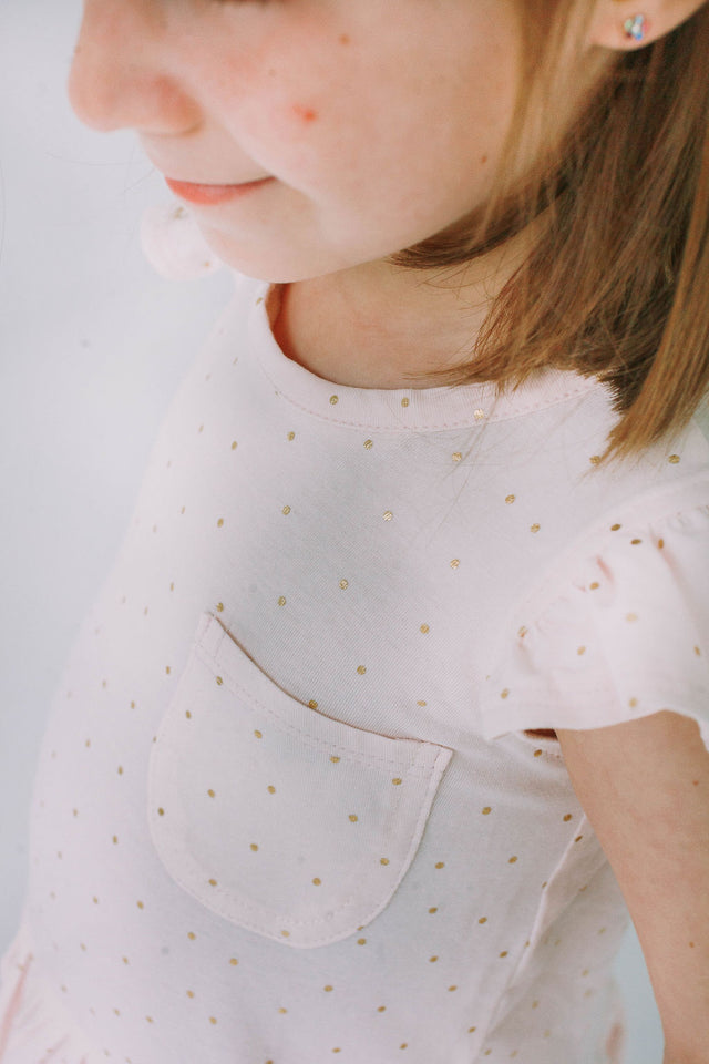 Little Girl's Pink and Gold Three Pocket Jersey Dress