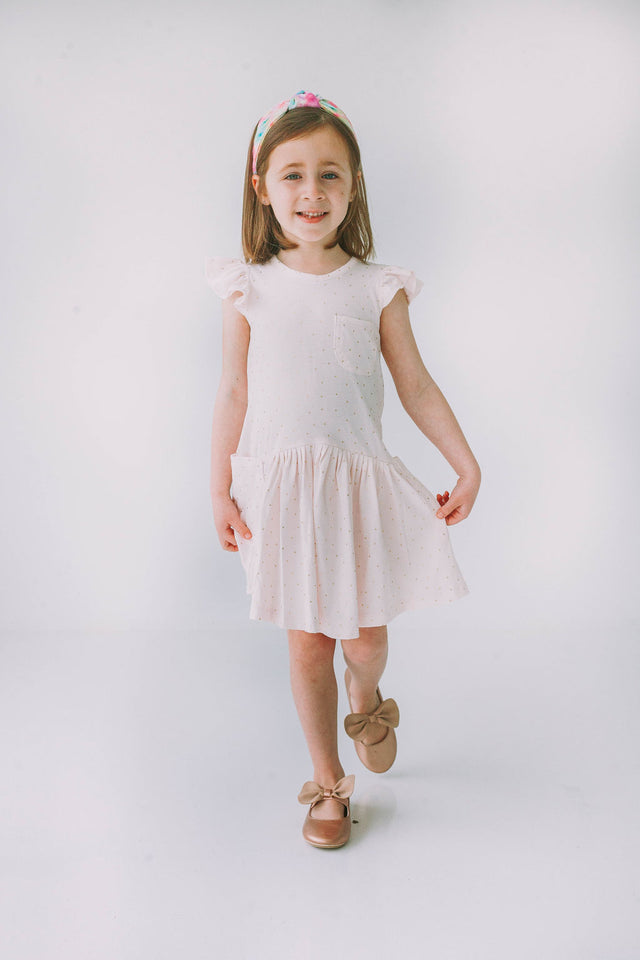 Little Girl's Pink and Gold Three Pocket Jersey Dress