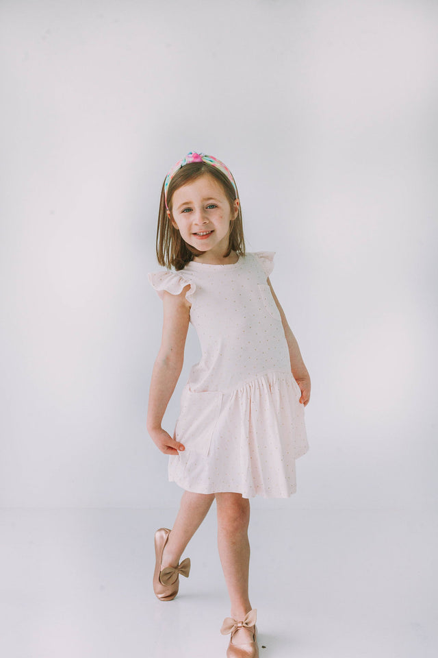 Little Girl's Pink and Gold Three Pocket Jersey Dress