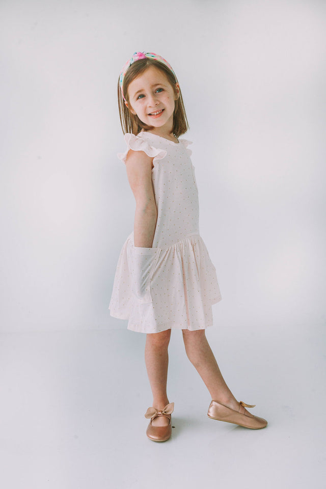 Little Girl's Pink and Gold Three Pocket Jersey Dress