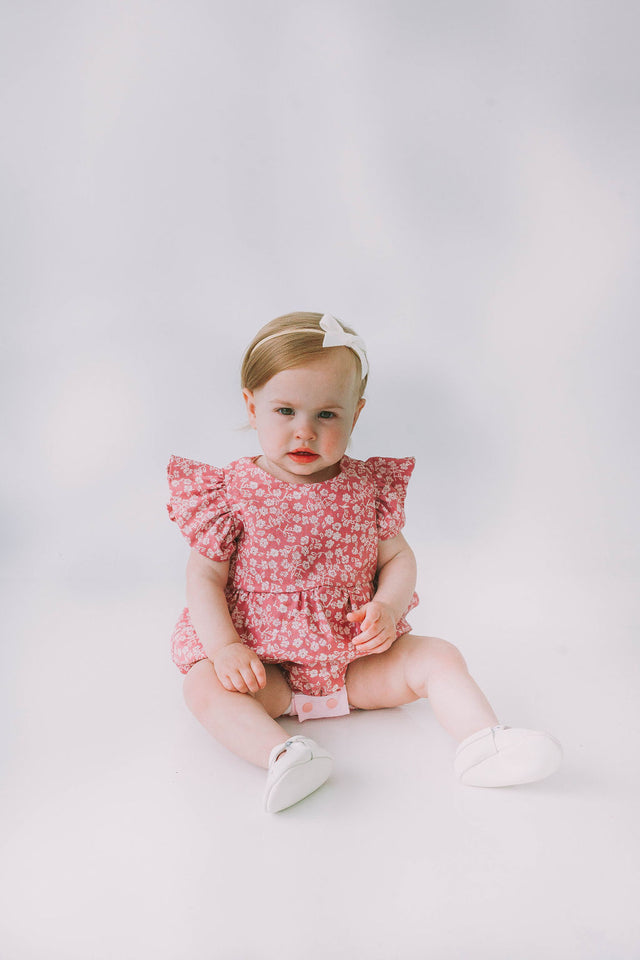 Infant Girl's Mauve and White Ditsy Floral Bubble Romper