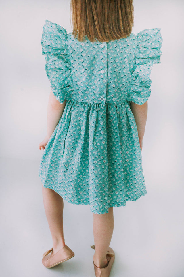 Little Girl's Turquoise Daisy Pinafore Twirl Dress