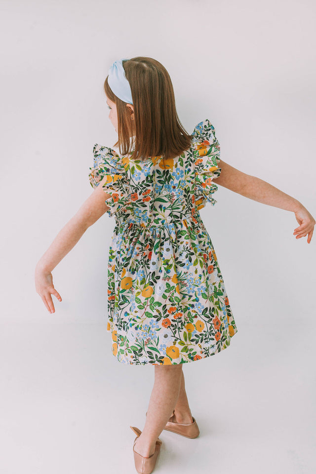 Little Girl's Orange Blue and Green Botanical Floral Pinafore Dress