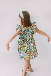 Little Girl's Orange Blue and Green Botanical Floral Pinafore Dress