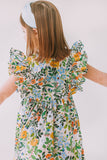 Little Girl's Orange Blue and Green Botanical Floral Pinafore Dress