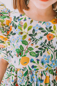 Little Girl's Orange Blue and Green Botanical Floral Pinafore Dress