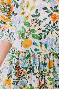 Little Girl's Orange Blue and Green Botanical Floral Pinafore Dress