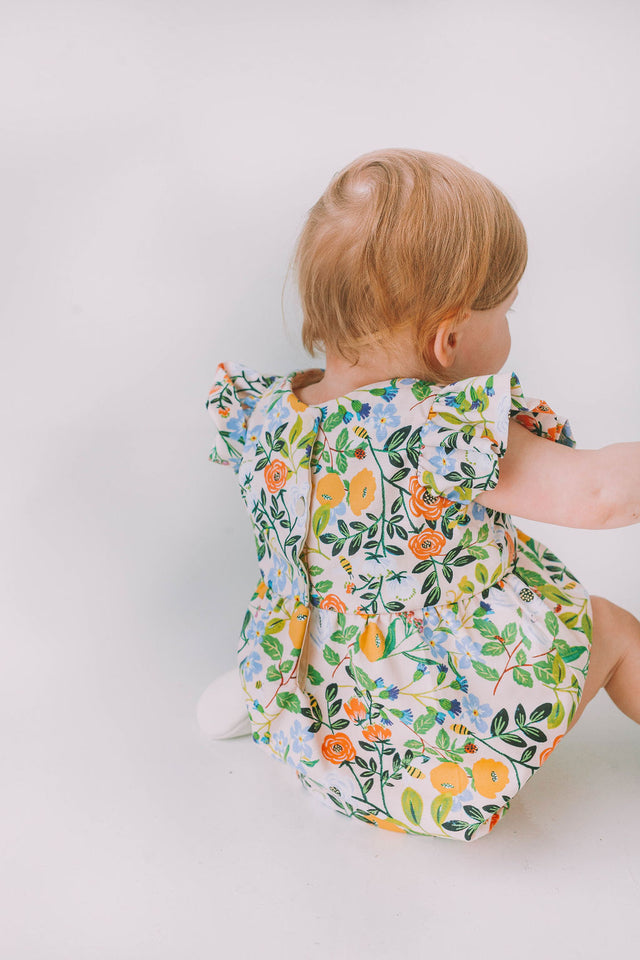 Infant Girl's Orange Blue and Green Botanical Floral Bubble Romper