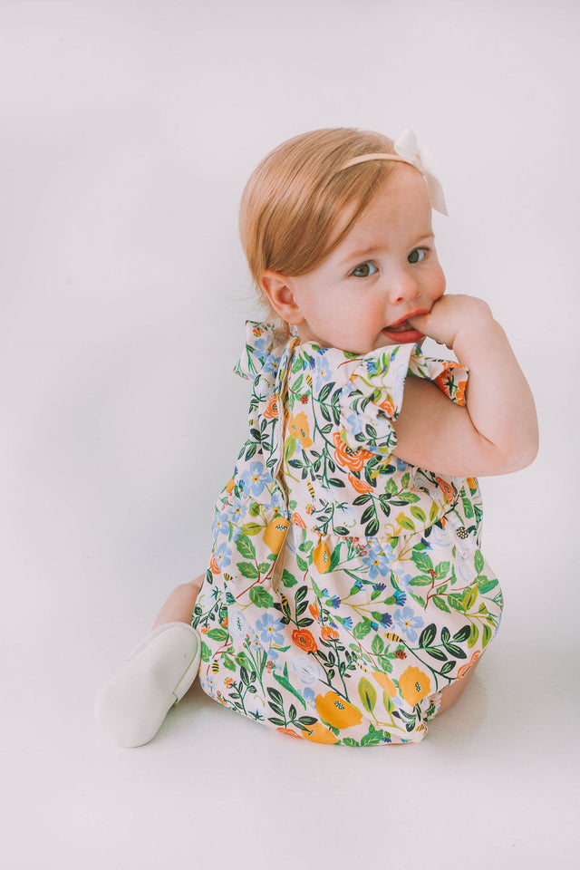 Infant Girl's Orange Blue and Green Botanical Floral Bubble Romper