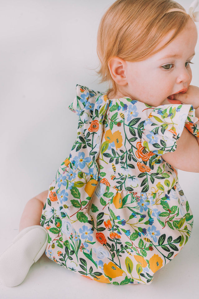 Infant Girl's Orange Blue and Green Botanical Floral Bubble Romper