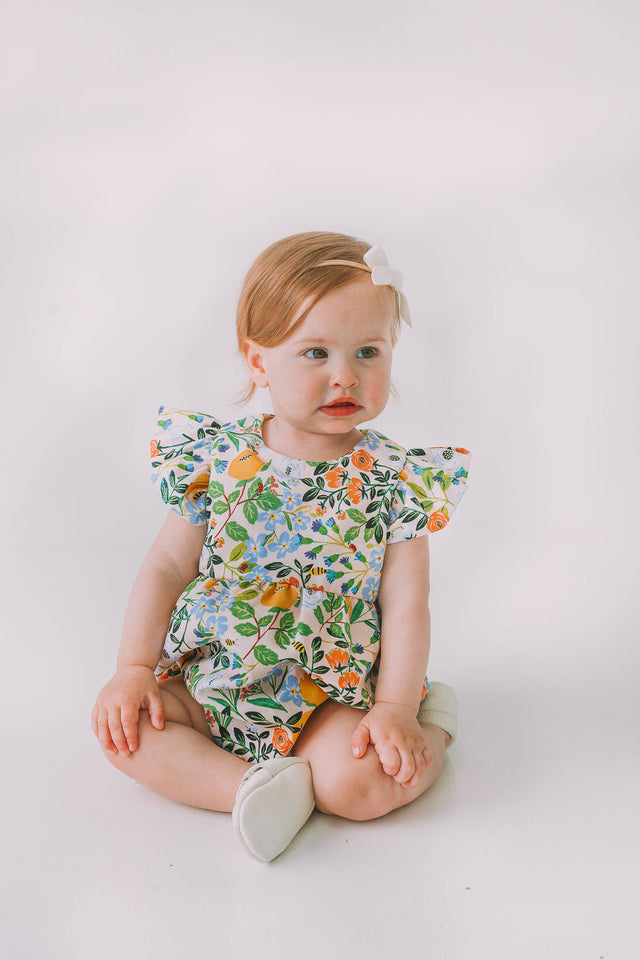 Infant Girl's Orange Blue and Green Botanical Floral Bubble Romper