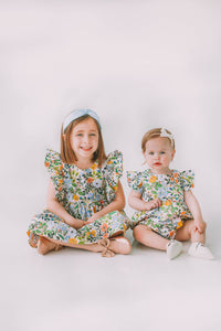 Infant Girl's Orange Blue and Green Botanical Floral Bubble Romper
