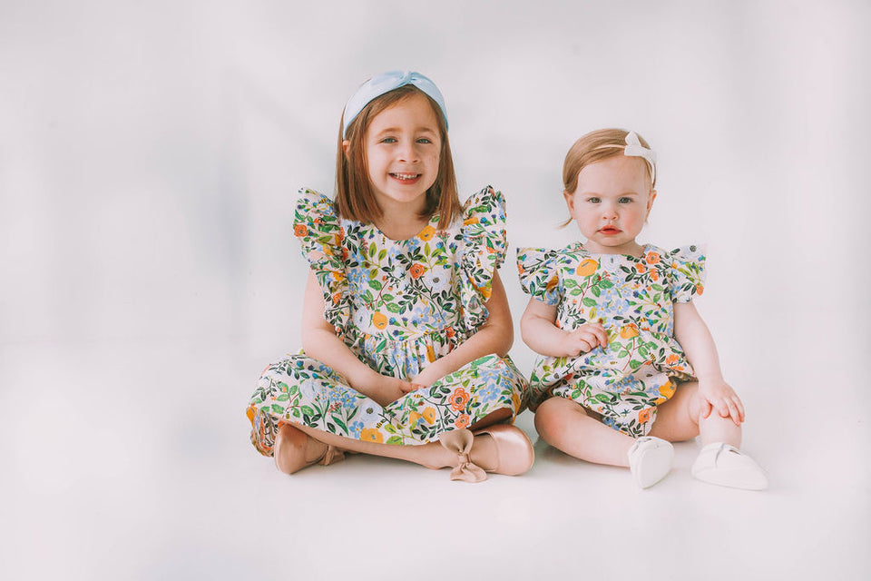Infant Girl's Orange Blue and Green Botanical Floral Bubble Romper