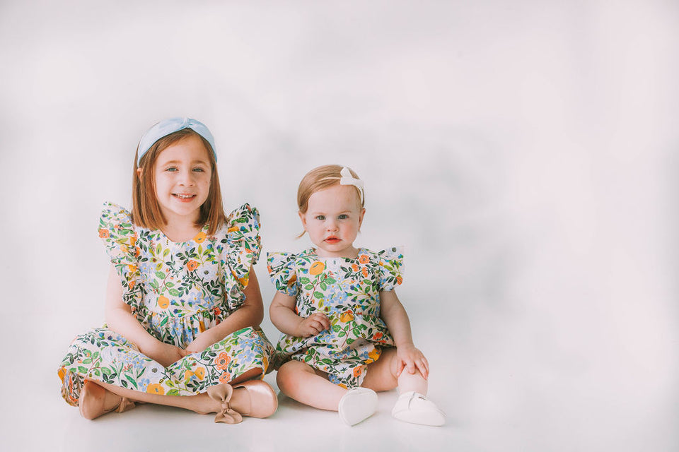 Infant Girl's Orange Blue and Green Botanical Floral Bubble Romper