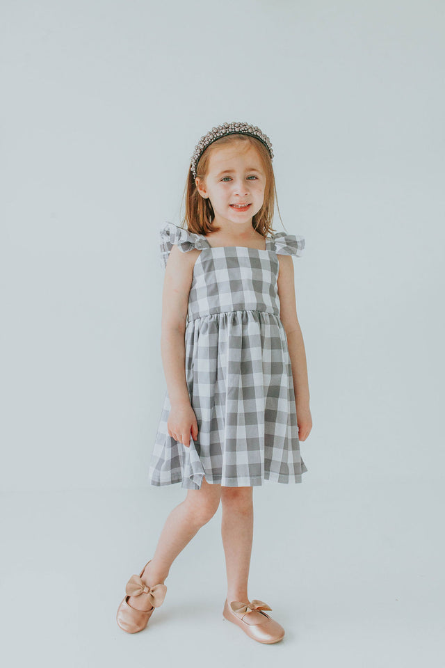Little Girl's Gray and White Plaid Twirl Dress