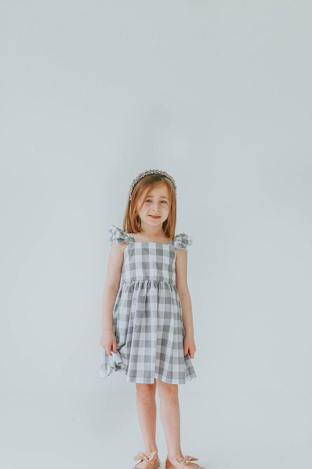 Little Girl's Gray and White Plaid Twirl Dress