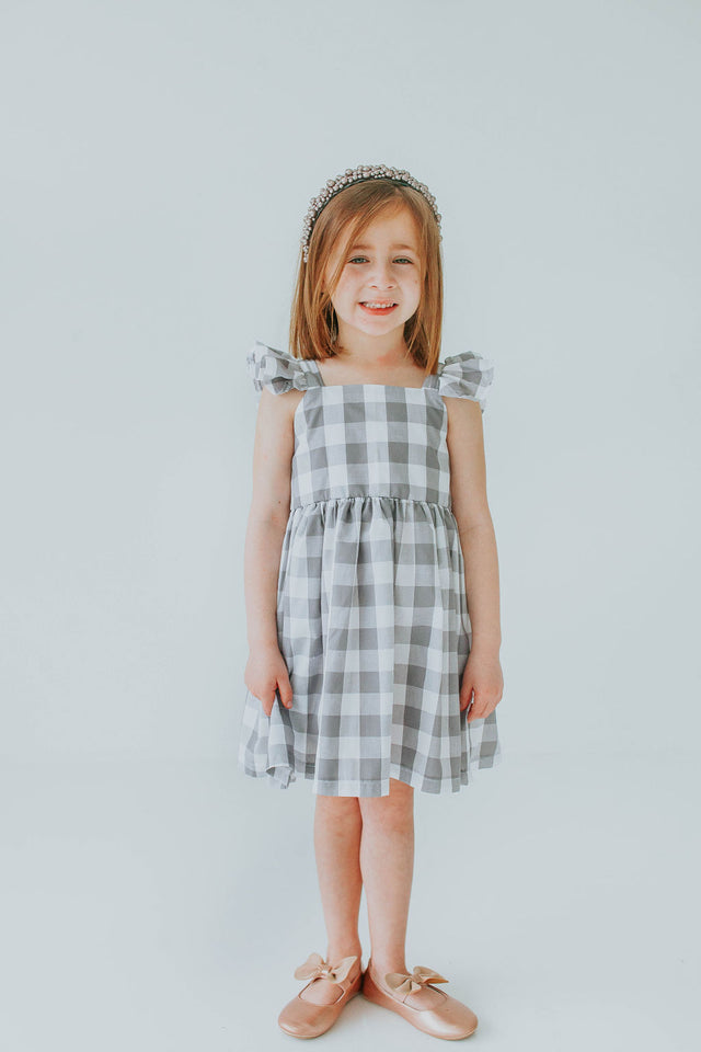 Little Girl's Gray and White Plaid Twirl Dress