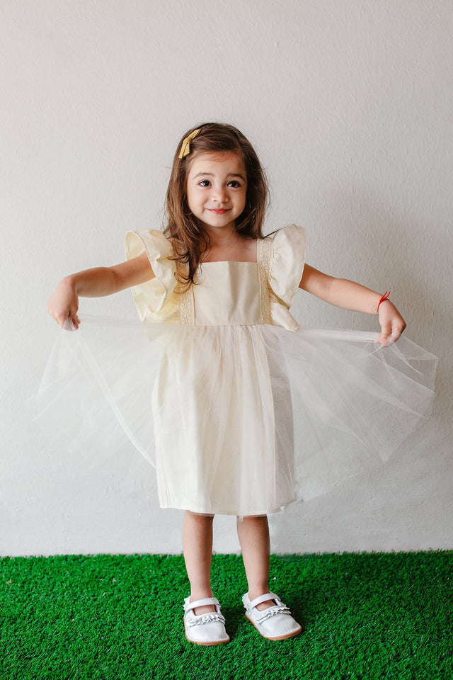 little girls ivory boho tulle flutter sleeve dress