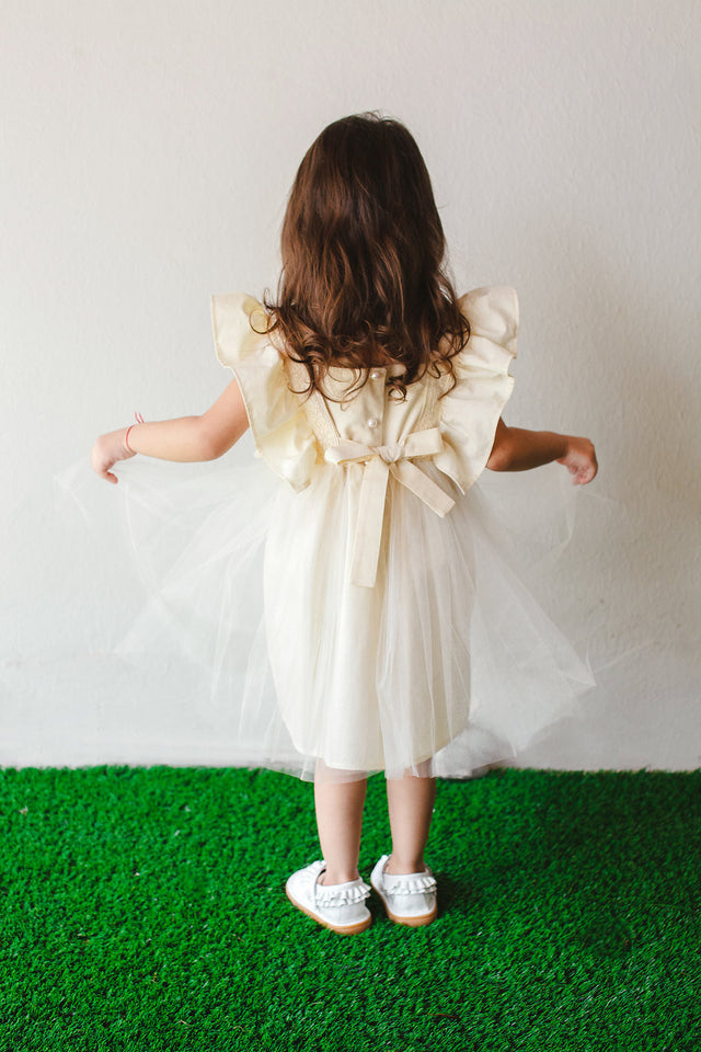 little girls ivory boho tulle flutter sleeve flower girl  dress