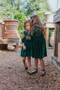 Little Girl's Green Velvet Flutter Sleeve Dress