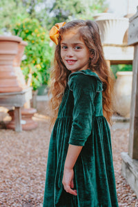 Little Girl's Green Velvet Flutter Sleeve Dress