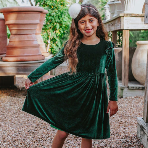 Little Girl's Green Velvet Flutter Sleeve Dress