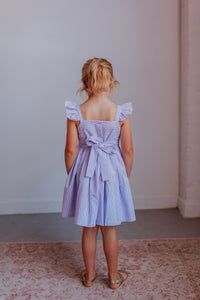 little girl's lavender seersucker dress