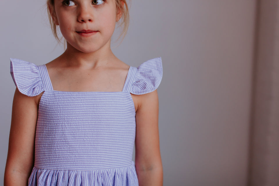 Girl's Lavender Seersucker Flutter Sleeve Dress