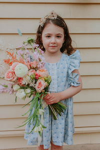 little girls blue gray floral pinafore dress