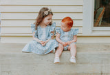 Little Girl's Blue Gray Floral Pinafore Dress with Lace Trim