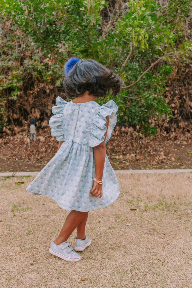 Little Girl's Blue Gray Floral Pinafore Dress with Lace Trim