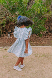 Little Girl's Blue Gray Floral Pinafore Dress with Lace Trim
