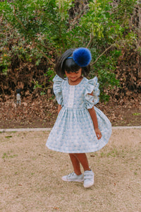 Little Girl's Blue Gray Floral Pinafore Dress with Lace Trim