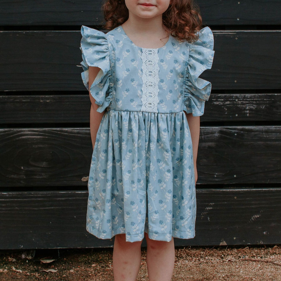 Little Girl's Blue Gray Floral Pinafore Dress with Lace Trim