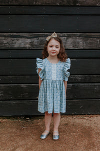 Little Girl's Blue Gray Floral Pinafore Dress with Lace Trim