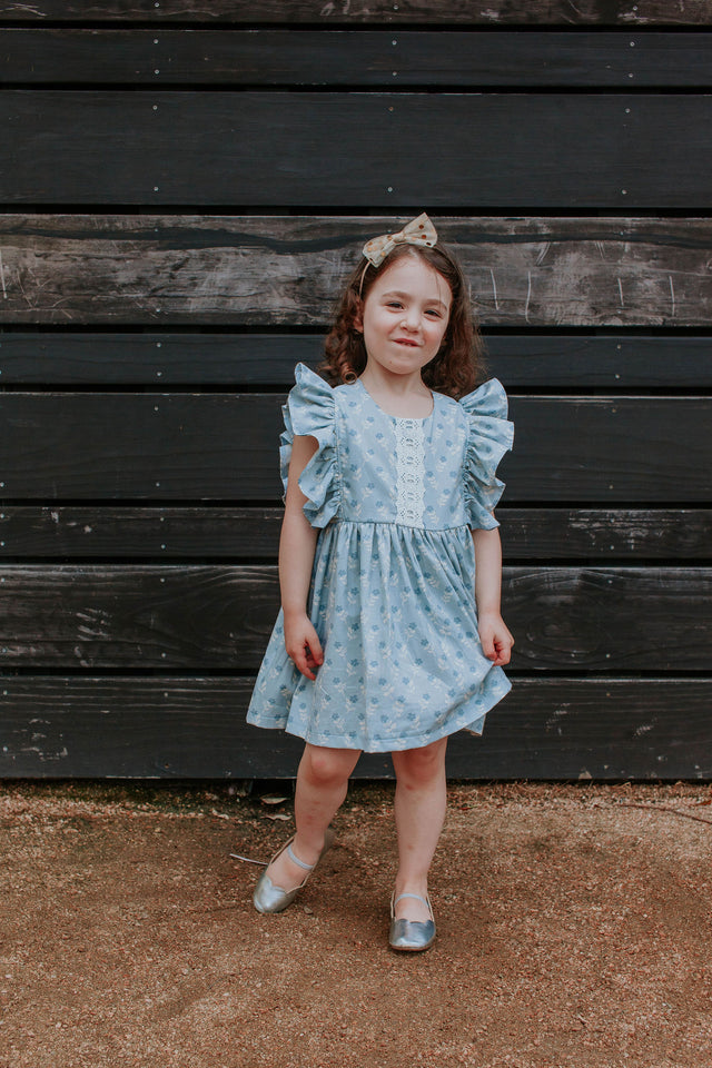 Little Girl's Blue Gray Floral Pinafore Dress with Lace Trim