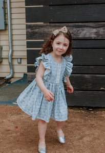 Little Girl's Blue Gray Floral Pinafore Dress with Lace Trim