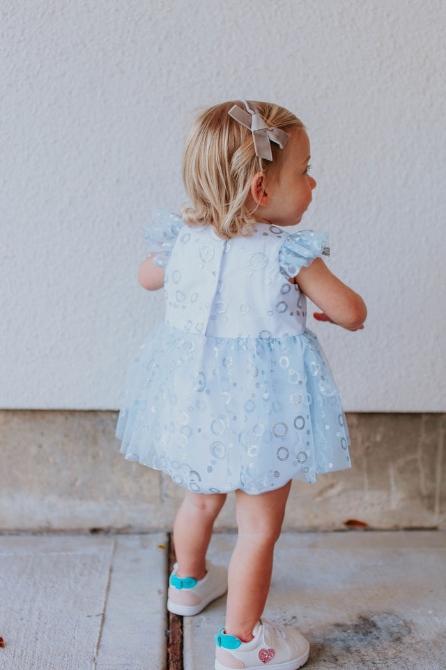 Infant Girls Frozen Elsa Blue and Silver Skirted Tulle Bubble Romper Dress