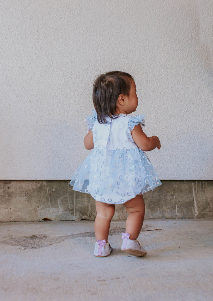 Infant Girls Frozen Elsa Blue and Silver Skirted Tulle Bubble Romper Dress