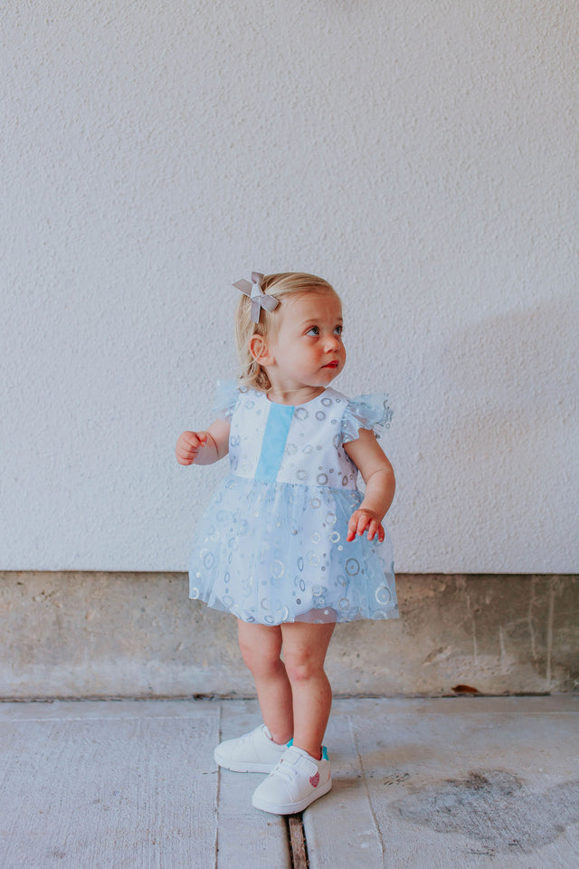 Infant Girls Frozen Elsa Blue and Silver Skirted Tulle Bubble Romper Dress