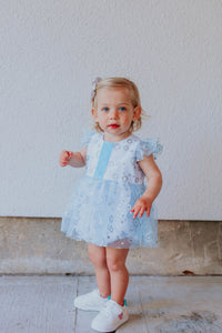 Infant Girls Frozen Elsa Blue and Silver Skirted Tulle Bubble Romper Dress