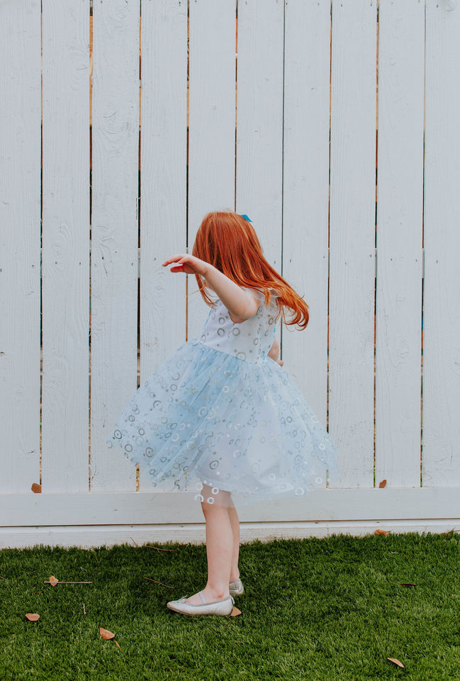 little girls tulle blue and silver dress