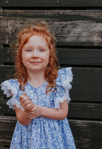little girls blue and white floral lace dress