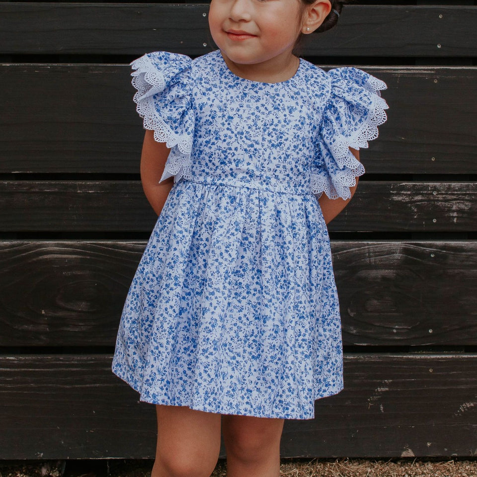 little girls blue and white calico floral chinoiserie dress
